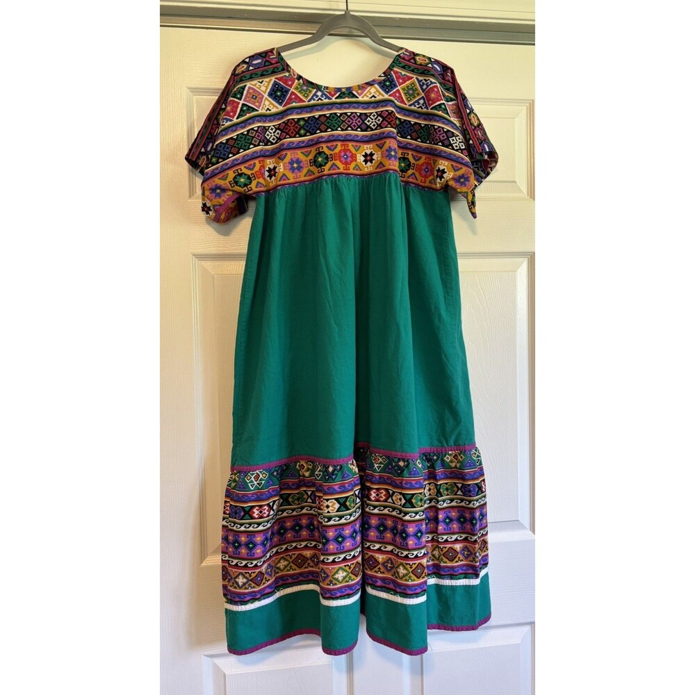 VTG 80s Appel Printed Aztec Geometric Jade Green Colorful Midi Dress Size M - Picture 5 of 9